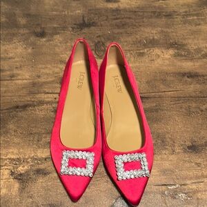 J. Crew Women's Red Satin Flats with Rhinestone Buckle